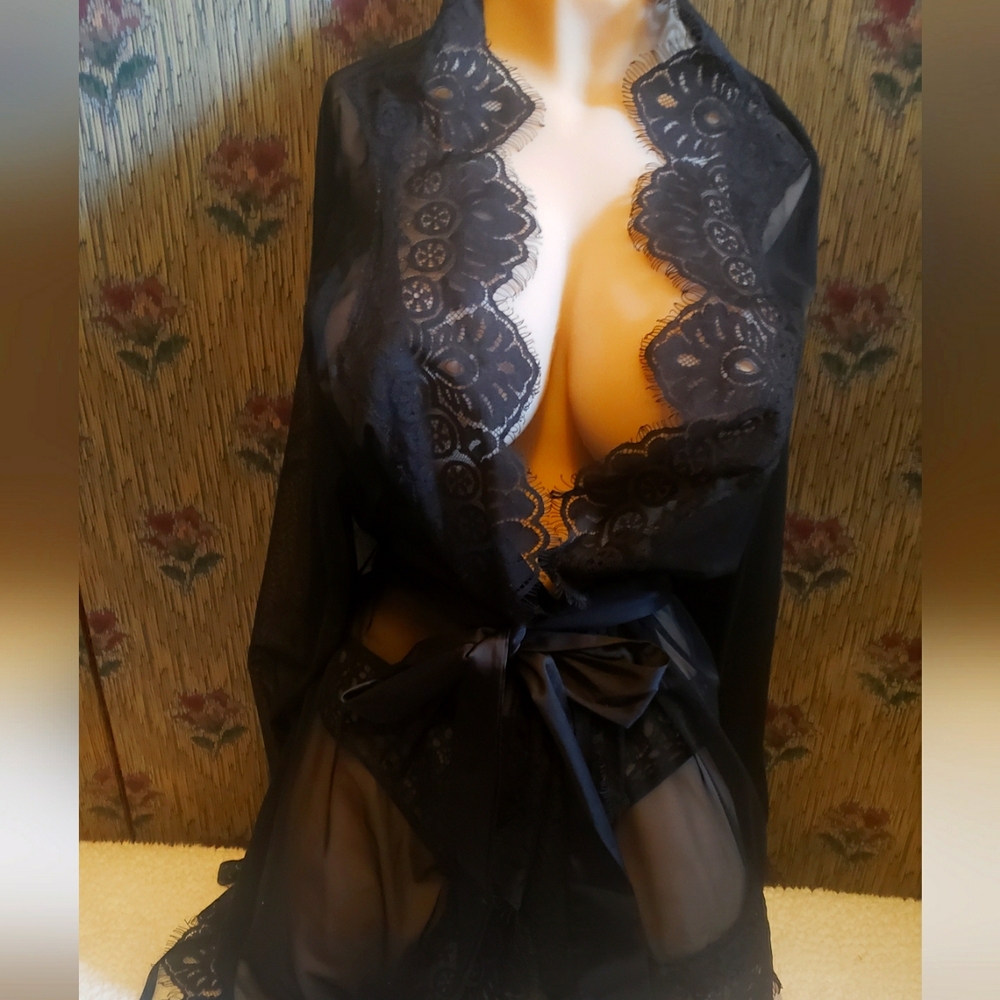 Fredericks of Hollywood sexy Black sheer lace robe plus sexy undies.